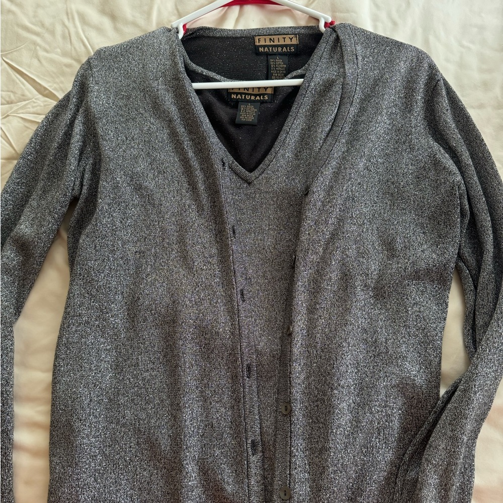 Black w silver sparkle cardigan and sleeveless sweater